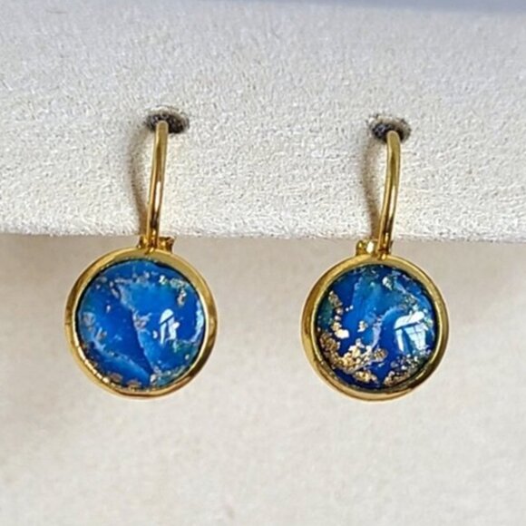 Elegant Hand Crafted Boho Blue Gold Gemstone Marble Circle Drop Dangle Earrings - Picture 1 of 14